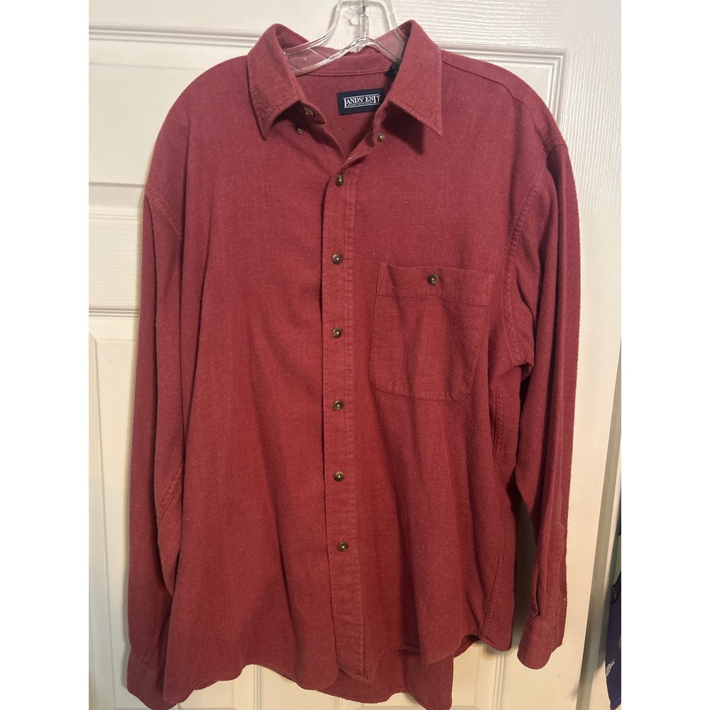 Lands End Mens Flannel Shirt Red Long Sleeve‎ Button Down Casual Workwear